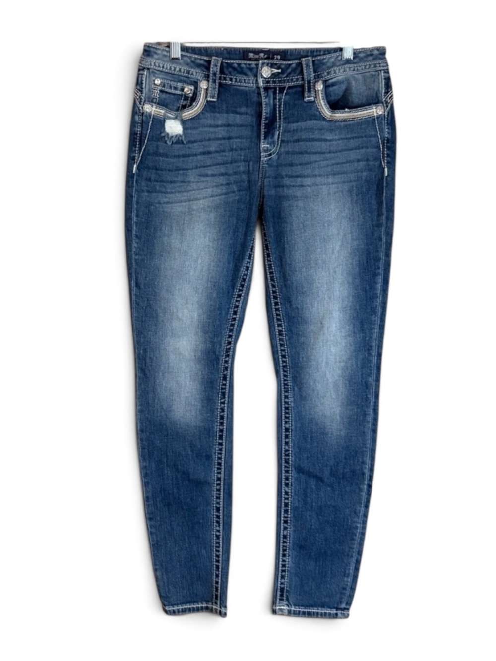 Miss Me Hailey Blue Skinny Jeans with Tan Embroidery Pockets